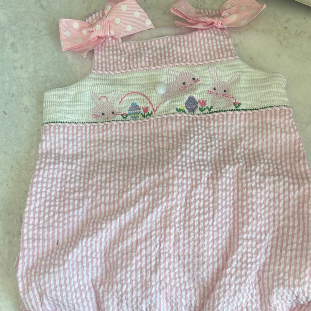 Mud Pie Pink and White Bunny Seersucker One-Piece